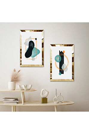 GOLD AYNALI PLEKSİ ÇERÇEVELİ BEYAZ ARKA PLANLI SOYUT RENKLİ DEKORATİF ŞEKİLLER İKİLİ MDF TABLO SETİ