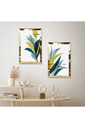 GOLD AYNALI PLEKSİ ÇERÇEVELİ BEYAZ ARKA PLANLI MODERN RENKLİ MODERN BİTKİLER İKİLİ MDF TABLO SETİ