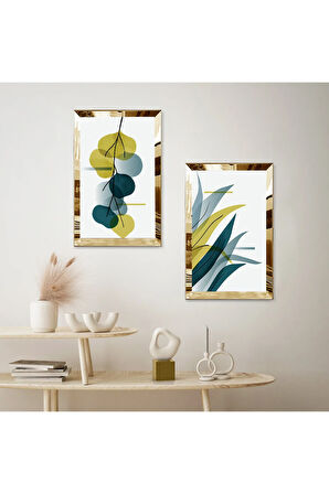 GOLD AYNALI PLEKSİ ÇERÇEVELİ BEYAZ ARKA PLANLI MODERN RENKLİ BİTKİLER İKİLİ MDF TABLO SETİ