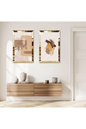 GOLD AYNALI PLEKSİ ÇERÇEVELİ RENKLİ SOYUT ÇİZİM İKİLİ MDF TABLO SETİ