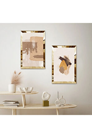 GOLD AYNALI PLEKSİ ÇERÇEVELİ RENKLİ SOYUT ÇİZİM İKİLİ MDF TABLO SETİ