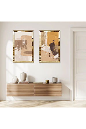 GOLD AYNALI PLEKSİ ÇERÇEVELİ RENKLİ SOYUT ÇİZİM DEKORATİF İKİLİ MDF TABLO SETİ