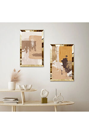 GOLD AYNALI PLEKSİ ÇERÇEVELİ RENKLİ SOYUT ÇİZİM DEKORATİF İKİLİ MDF TABLO SETİ