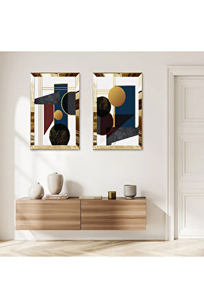 GOLD AYNALI PLEKSİ ÇERÇEVELİ BEYAZ ARKA PLANLI MODERN MİNİMALİST ŞEKİLLER İKİLİ MDF TABLO SETİ
