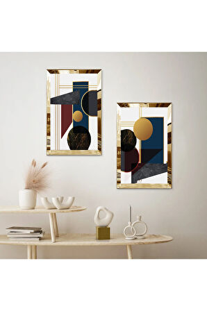 GOLD AYNALI PLEKSİ ÇERÇEVELİ BEYAZ ARKA PLANLI MODERN MİNİMALİST ŞEKİLLER İKİLİ MDF TABLO SETİ