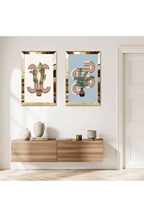 GOLD AYNALI PLEKSİ ÇERÇEVELİ BEYAZ MAVİ ARKA PLANLI DEKORATİF SOYUT BİTKİ İKİLİ MDF TABLO SETİ
