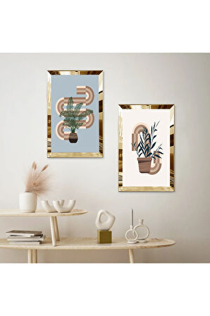 GOLD AYNALI PLEKSİ ÇERÇEVELİ BEYAZ MAVİ ARKA PLANLI MODERN SOYUT BİTKİ İKİLİ MDF TABLO SETİ