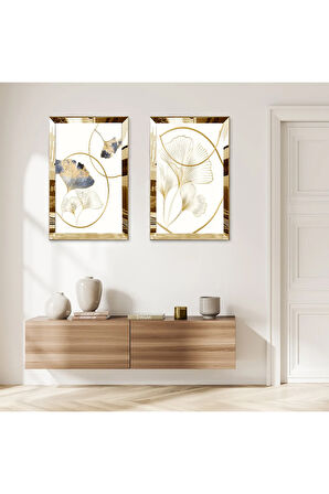 GOLD AYNALI PLEKSİ ÇERÇEVELİ BEYAZ ARKA PLANLI DEKORATİF GOLD ÇİZGİLER İKİLİ MDF TABLO SETİ