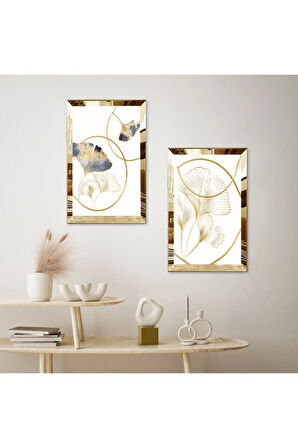 GOLD AYNALI PLEKSİ ÇERÇEVELİ BEYAZ ARKA PLANLI DEKORATİF GOLD ÇİZGİLER İKİLİ MDF TABLO SETİ