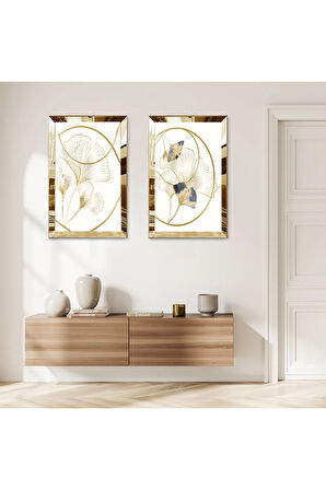 GOLD AYNALI PLEKSİ ÇERÇEVELİ BEYAZ ARKA PLANLI MODERN GOLD ÇİZGİLER İKİLİ MDF TABLO SETİ