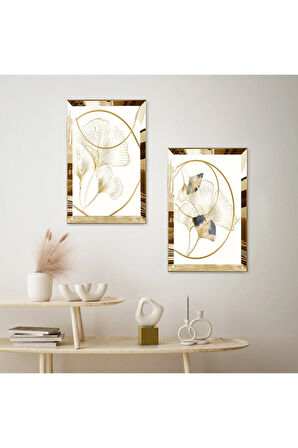 GOLD AYNALI PLEKSİ ÇERÇEVELİ BEYAZ ARKA PLANLI MODERN GOLD ÇİZGİLER İKİLİ MDF TABLO SETİ