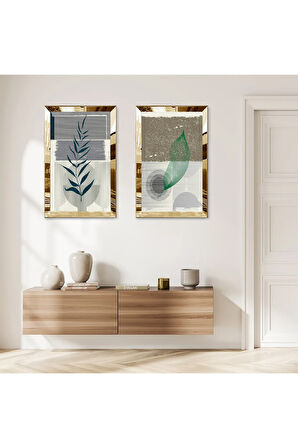 GOLD AYNALI PLEKSİ ÇERÇEVELİ RENKLİ ARKA PLANLI DEKORATİF BİTKİ İKİLİ MDF TABLO SETİ