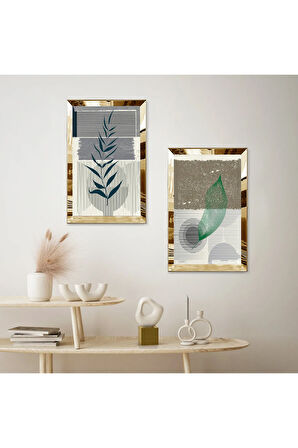 GOLD AYNALI PLEKSİ ÇERÇEVELİ RENKLİ ARKA PLANLI DEKORATİF BİTKİ İKİLİ MDF TABLO SETİ