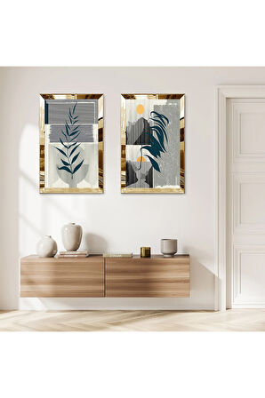 GOLD AYNALI PLEKSİ ÇERÇEVELİ RENKLİ ARKA PLANLI BİTKİ İKİLİ MDF TABLO SETİ