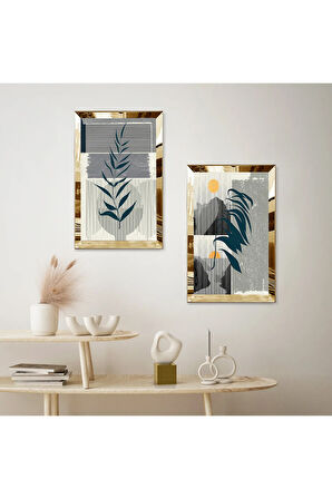 GOLD AYNALI PLEKSİ ÇERÇEVELİ RENKLİ ARKA PLANLI BİTKİ İKİLİ MDF TABLO SETİ