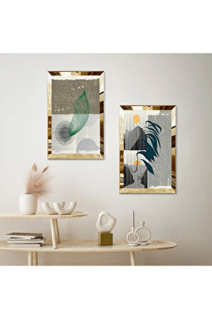GOLD AYNALI PLEKSİ ÇERÇEVELİ RENKLİ ARKA PLANLI MODERN BİTKİ İKİLİ MDF TABLO SETİ