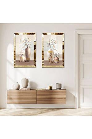 GOLD AYNALI PLEKSİ ÇERÇEVELİ KREM RENGİ MODERN VAZOLAR İKİLİ MDF TABLO SETİ