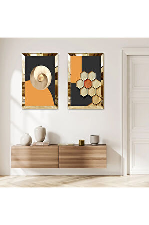GOLD AYNALI PLEKSİ ÇERÇEVELİ RENKLİ ALTIGEN KENARLI SOYUT ŞEKİLLER İKİLİ MDF TABLO SETİ