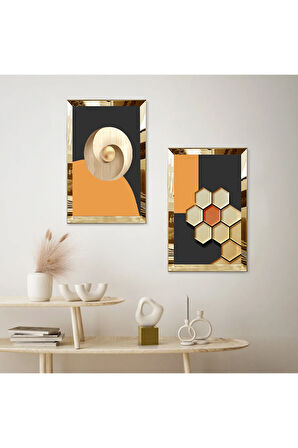GOLD AYNALI PLEKSİ ÇERÇEVELİ RENKLİ ALTIGEN KENARLI SOYUT ŞEKİLLER İKİLİ MDF TABLO SETİ