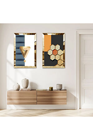 GOLD AYNALI PLEKSİ ÇERÇEVELİ RENKLİ ARKA PLANLI MODERN SOYUT ŞEKİLLER İKİLİ MDF TABLO SETİ