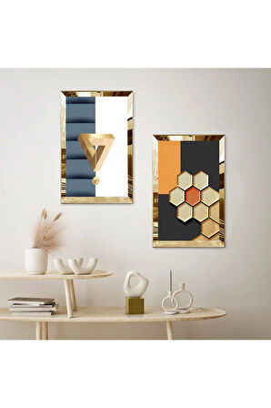 GOLD AYNALI PLEKSİ ÇERÇEVELİ RENKLİ ARKA PLANLI MODERN SOYUT ŞEKİLLER İKİLİ MDF TABLO SETİ