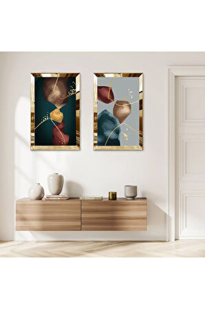 GOLD AYNALI PLEKSİ ÇERÇEVELİ KAPALI RENKLİ ARKA PLANLI MODERN SOYUT ŞEKİLLER İKİLİ MDF TABLO SETİ