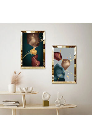 GOLD AYNALI PLEKSİ ÇERÇEVELİ KAPALI RENKLİ ARKA PLANLI MODERN SOYUT ŞEKİLLER İKİLİ MDF TABLO SETİ