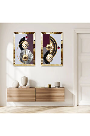 GOLD AYNALI PLEKSİ ÇERÇEVELİ AÇIK RENKLİ ARKA PLANLI SOYUT ŞEKİLLER İKİLİ MDF TABLO SETİ