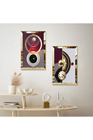 GOLD AYNALI PLEKSİ ÇERÇEVELİ AÇIK RENKLİ ARKA PLANLI MODERN SOYUT ŞEKİLLER İKİLİ MDF TABLO SETİ