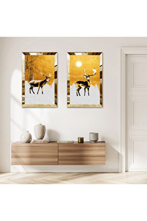 GOLD AYNALI PLEKSİ ÇERÇEVELİ BEYAZ VE GOLD ARKA PLANLI DEKORATİF GEĞİK İKİLİ MDF TABLO SETİ