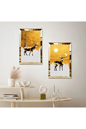 GOLD AYNALI PLEKSİ ÇERÇEVELİ BEYAZ VE GOLD ARKA PLANLI DEKORATİF GEĞİK İKİLİ MDF TABLO SETİ