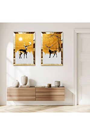 GOLD AYNALI PLEKSİ ÇERÇEVELİ BEYAZ VE GOLD ARKA PLANLI MODERN GEĞİK İKİLİ MDF TABLO SETİ