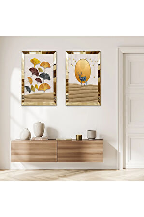 GOLD AYNALI PLEKSİ ÇERÇEVELİ SOYUT ARKA PLANLI DEKORATİF GEĞİK İKİLİ MDF TABLO SETİ