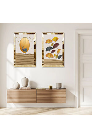 GOLD AYNALI PLEKSİ ÇERÇEVELİ SOYUT ARKA PLANLI MODERN GEĞİK İKİLİ MDF TABLO SETİ