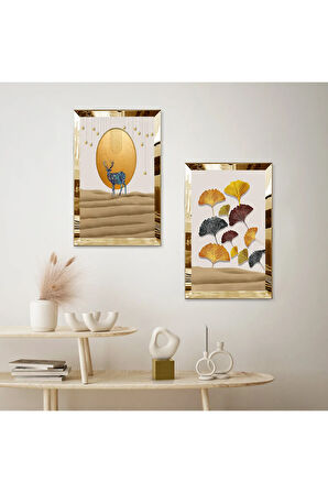 GOLD AYNALI PLEKSİ ÇERÇEVELİ SOYUT ARKA PLANLI MODERN GEĞİK İKİLİ MDF TABLO SETİ
