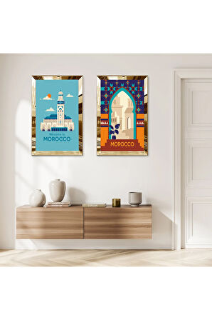 GOLD AYNALI PLEKSİ ÇERÇEVELİ RENKLİ ARKA PLANLI DEKORATİF CAMİ İKİLİ MDF TABLO SETİ