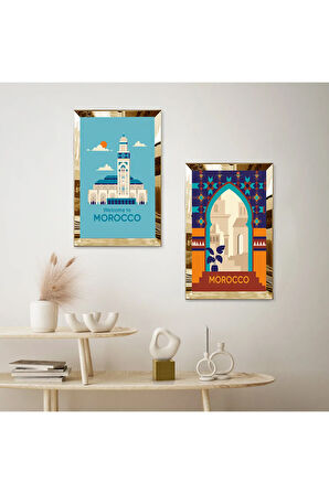 GOLD AYNALI PLEKSİ ÇERÇEVELİ RENKLİ ARKA PLANLI DEKORATİF CAMİ İKİLİ MDF TABLO SETİ