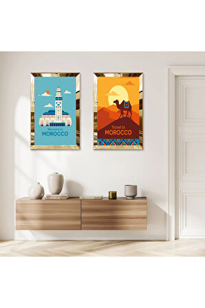 GOLD AYNALI PLEKSİ ÇERÇEVELİ RENKLİ ARKA PLANLI CAMİ İKİLİ MDF TABLO SETİ