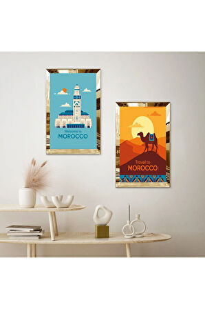 GOLD AYNALI PLEKSİ ÇERÇEVELİ RENKLİ ARKA PLANLI CAMİ İKİLİ MDF TABLO SETİ