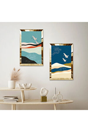 GOLD AYNALI PLEKSİ ÇERÇEVELİ HAVADA UÇAN KUŞLAR İKİLİ MDF TABLO SETİ