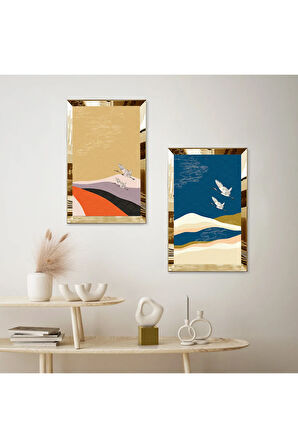 GOLD AYNALI PLEKSİ ÇERÇEVELİ HAVADA UÇAN KUŞLAR MODERN İKİLİ MDF TABLO SETİ