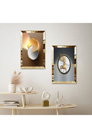GOLD AYNALI PLEKSİ ÇERÇEVELİ RENKLİ ARKA PLANLI DEKORATİF GEĞİK İKİLİ MDF TABLO SETİ