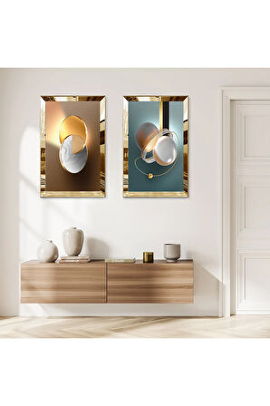 GOLD AYNALI PLEKSİ ÇERÇEVELİ RENKLİ ARKA PLANLI MODERN SOYUT DESEN İKİLİ MDF TABLO SETİ