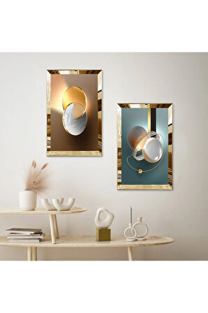 GOLD AYNALI PLEKSİ ÇERÇEVELİ RENKLİ ARKA PLANLI MODERN SOYUT DESEN İKİLİ MDF TABLO SETİ