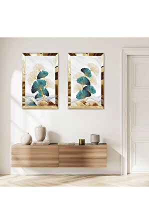 GOLD AYNALI PLEKSİ ÇERÇEVELİ SOYUT BİTKİ MODERN İKİLİ MDF TABLO SETİ