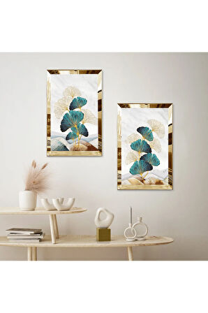 GOLD AYNALI PLEKSİ ÇERÇEVELİ SOYUT BİTKİ MODERN İKİLİ MDF TABLO SETİ