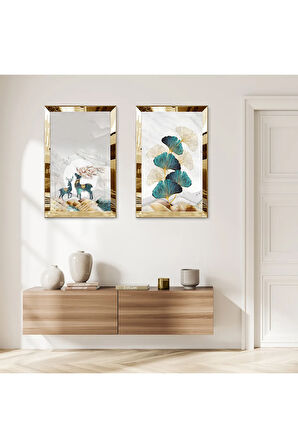 GOLD AYNALI PLEKSİ ÇERÇEVELİ SOYUT BİTKİ VE GEĞİK MODERN İKİLİ MDF TABLO SETİ