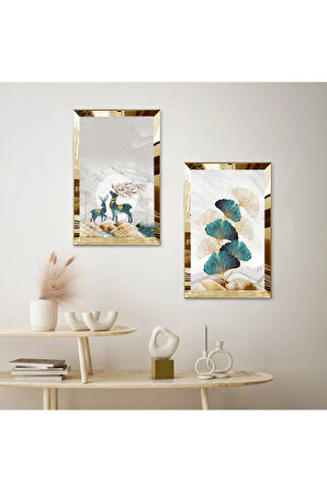 GOLD AYNALI PLEKSİ ÇERÇEVELİ SOYUT BİTKİ VE GEĞİK MODERN İKİLİ MDF TABLO SETİ