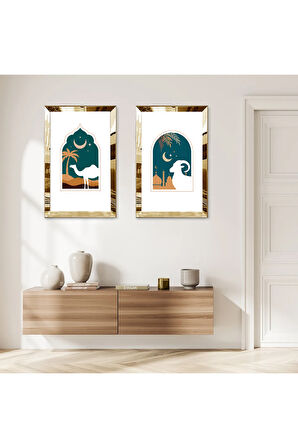 GOLD AYNALI PLEKSİ ÇERÇEVELİ GECE KUZU MODERN İKİLİ MDF TABLO SETİ