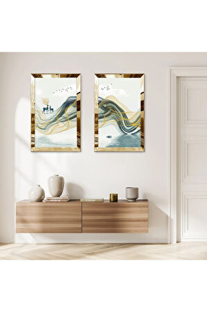 GOLD AYNALI PLEKSİ ÇERÇEVELİ DAĞDA GEĞİKLER MODERN İKİLİ MDF TABLO SETİ
